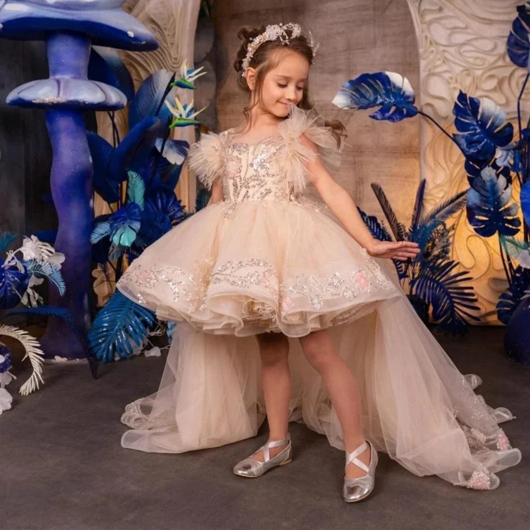 Pink Flower Girl Dresses for Wedding Princess Lace Appliques High-Low Length Baby Girl Birthday Ball Gowns Communion Customized