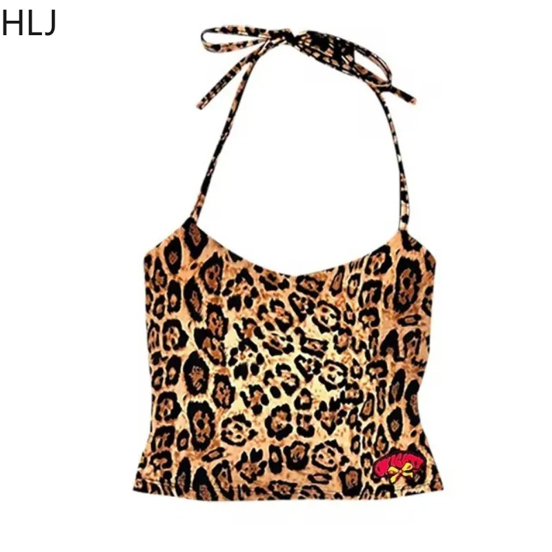 HLJ Summer New Y2k Fashion Leopard Print 2 Piece Sets Woman Outfit Spaghetti Strap Crop Top + Shorts Suit Female Streetwear