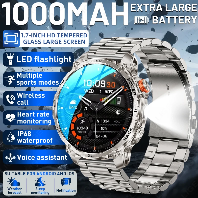 

Новые смарт-часы 2026 года, 1,75 дюйма, для мужчин, уличные, военные, водонепроницаемые IP68, с HD-экраном, Bluetooth-звонками, спортивные, SOS, 1000 мАч, ультрапрочные