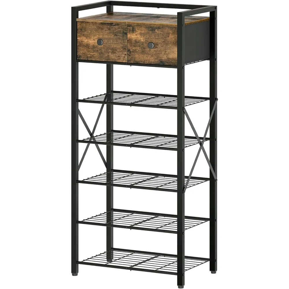 

7-Tier Shoe Storage Organizer for Entryway,Free Standing Shoe Shelf W 2 Non-Woven Drawers,Metal Frame, for Closet,Hallway,Garage