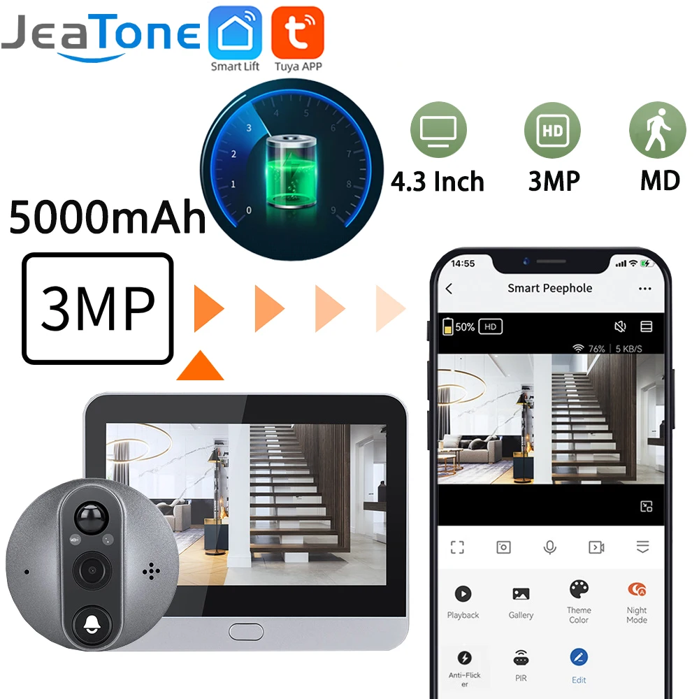 4.3'' IPS Screen Smart Life/Tuya APP 2.4G 3MP Wireless WiFi Video Intercom Doorbell Eye PIR High-Definition Visual Monitoring