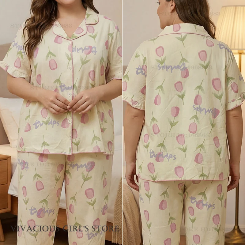 Plus Size Print Flower Female Pajamas Set Sleepwear Spring Summer Short Sleeve Trouser Pijamas Suit Loose Casual Homewear Pyjama