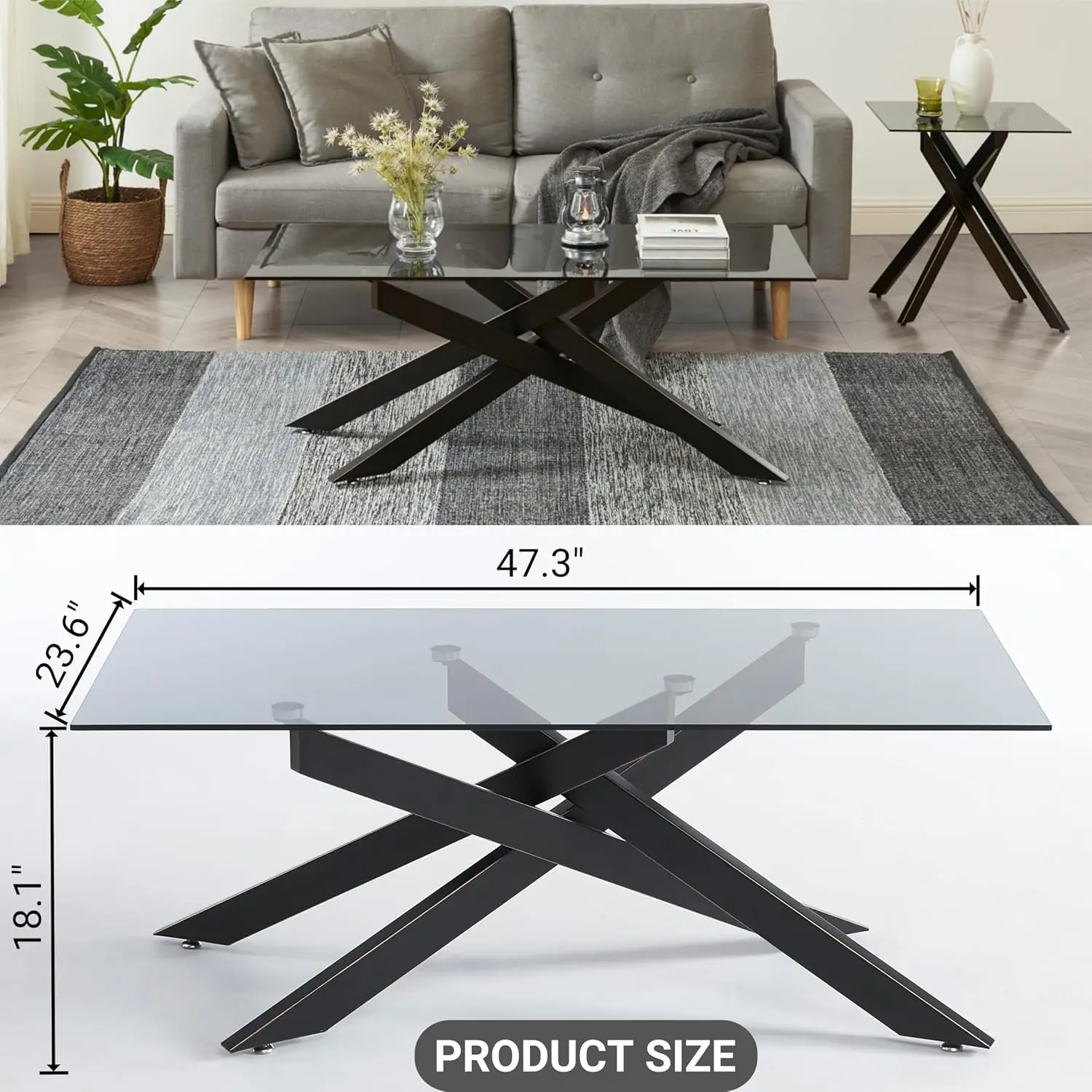 Rectangle Modern Coffee Table, Gray Tempered Glass Table Top, Black Metal Tubular Legs With Gold Rim 47.3”Lx23.6”Wx18.1”H Black