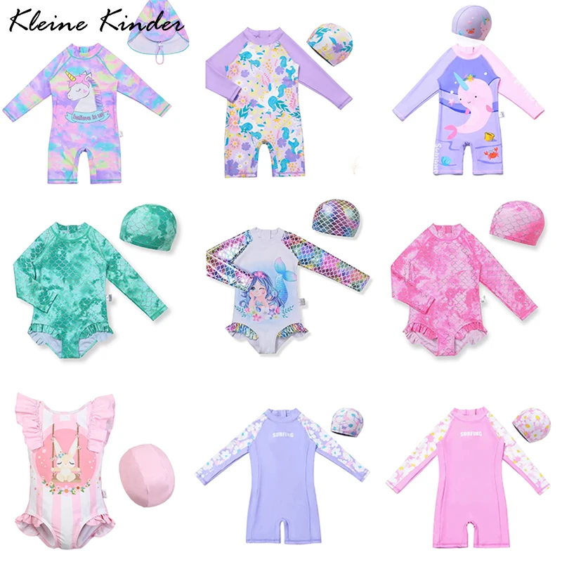 Traje de baño para bebés pequeños, traje de baño para niñas, traje de baño de una pieza para 2-10 años UPF 50+ Anti UV, traje de baño de manga larga para niños