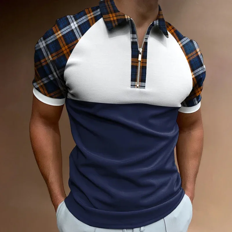 

Plaid Pattern 3D Print Polo Zipper Short Sleeve Shirt for Men