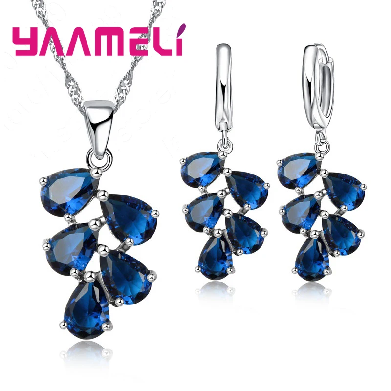 Anniversary Gift For Women Trendy 925 Sterling Silver Color Jewelry Sets Cubic Zirconia Pendants Necklaces Charm Hoop Earrings