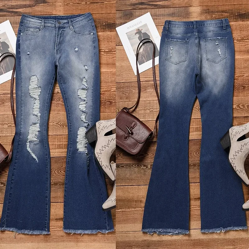 Flare Pants Women Boot Cut Mom Jeans Hole Distressed Stretch High Waist Vintage Washed Trousers Streetwear 2025 Denim Y2k