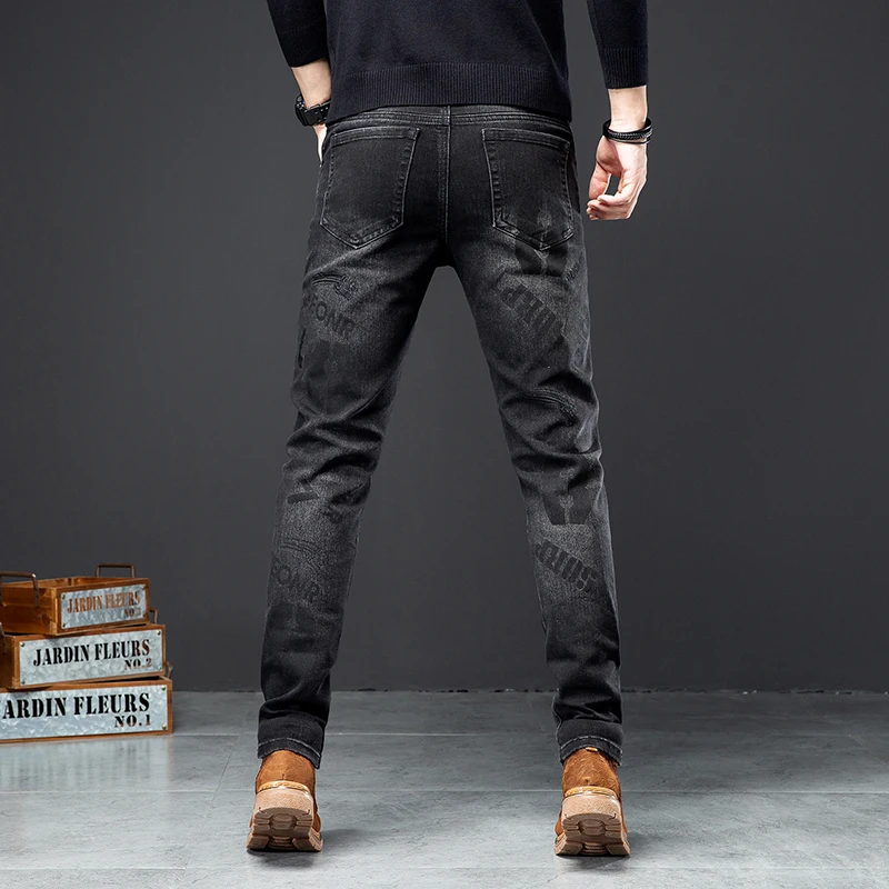 2024 Fashionable Embroidered Jeans Men's Street Trendy Unique Men's Autumn Stretch Denim Slim Fit Skinny Pants