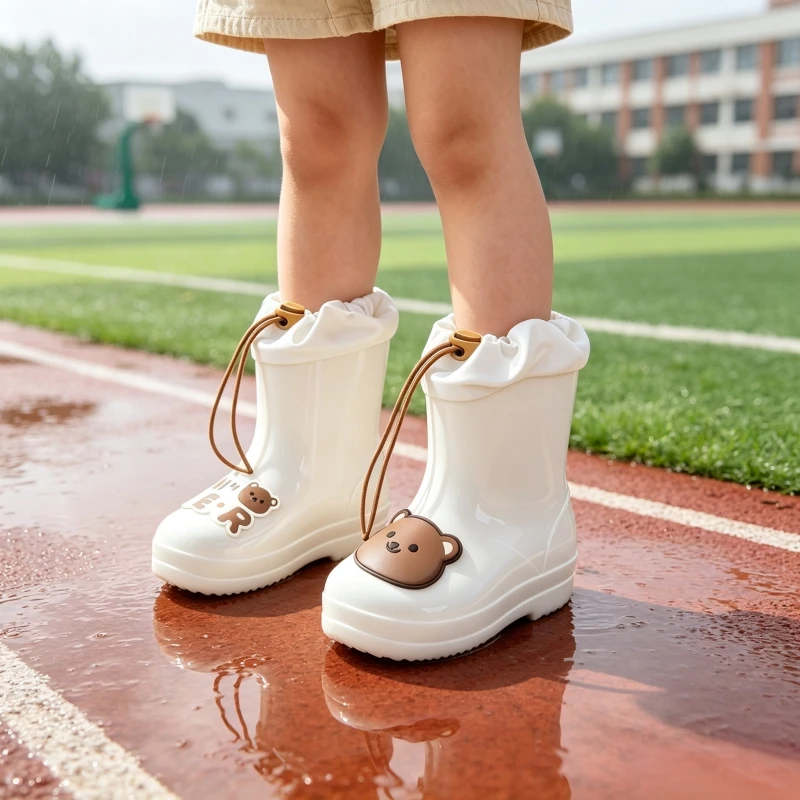 Kids Rain Boots Girls Baby Non-Slip Strap Waterproof Cute Bear Cartoon Tightening Strap Comfortable Rubber Booties for Children