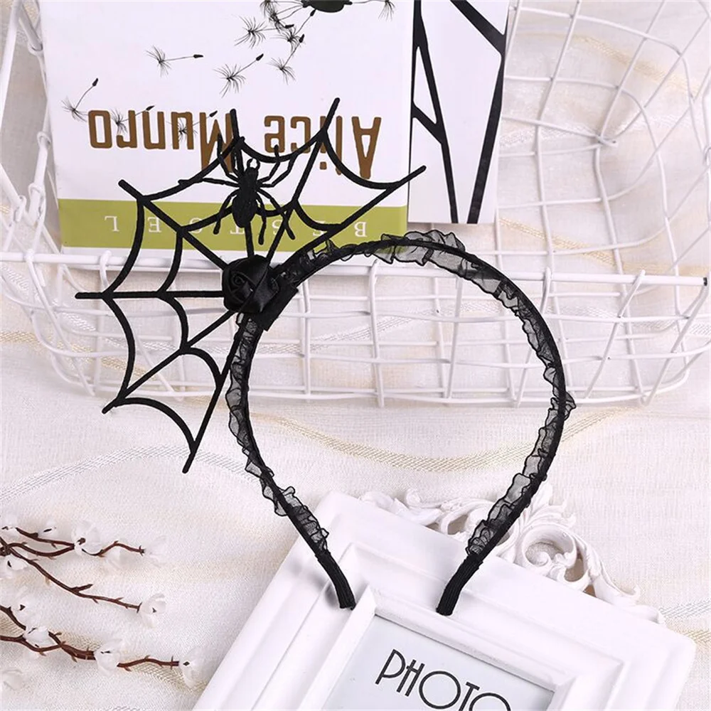 Gothic Women'S Halloween Headband Devil Horn Hair Hoop Spider Veil Mask Lace Veil Topper Cosplay Masquerade Party Accessories