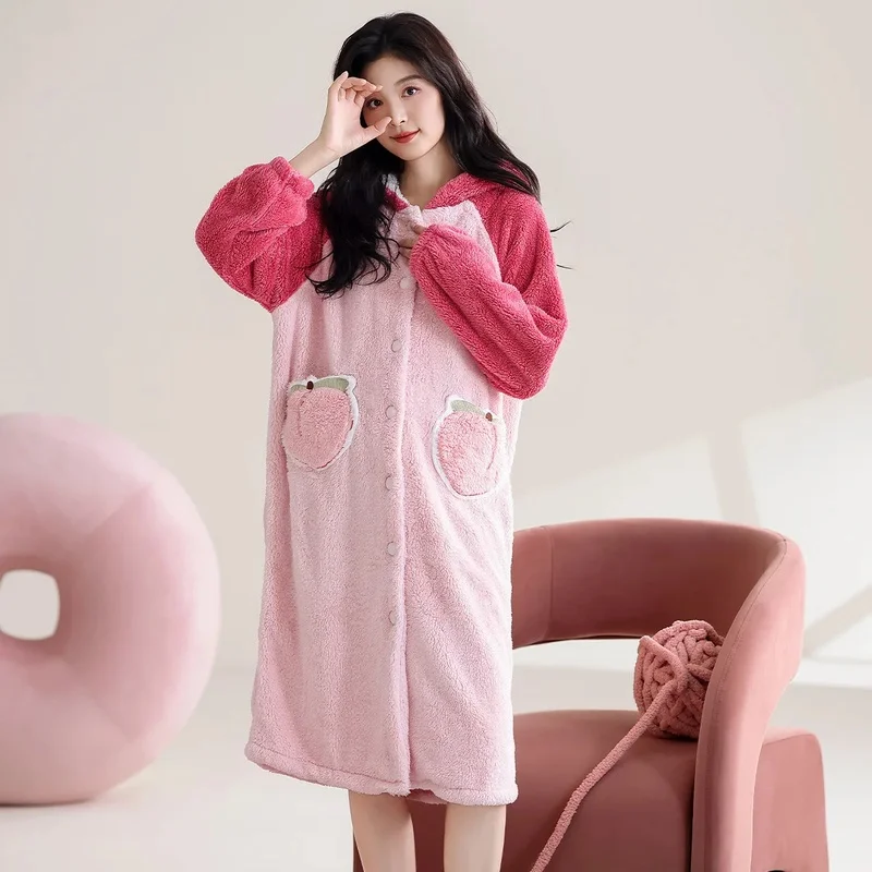 Women's Hooded Plush Robe Autumn Winter Warm Soft Peach Bathrobe Cozy Homewear