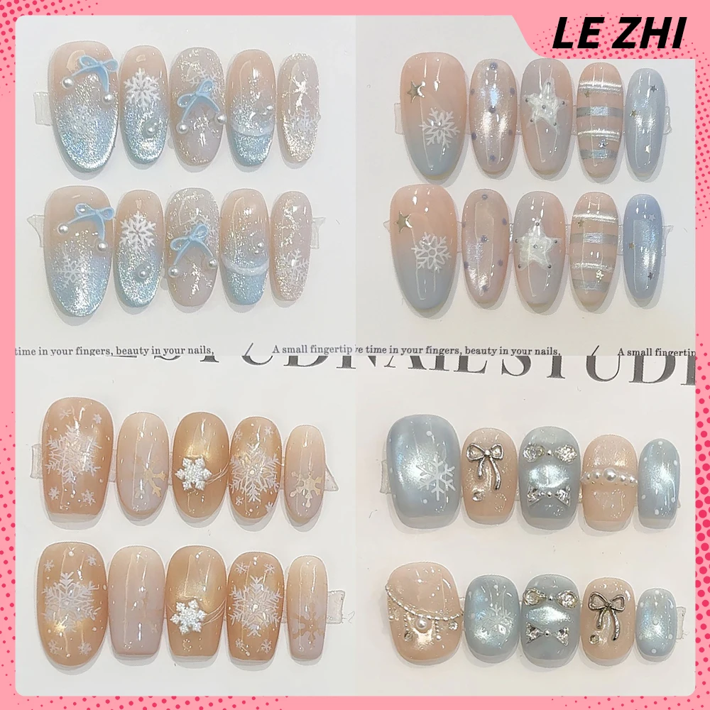 

10Pcs Gentle Winter Cat Eyes Snowflakes Handmade Square Ellipse Press On Nails Bowknot Pearl Stars Sequins Diamond False Nails