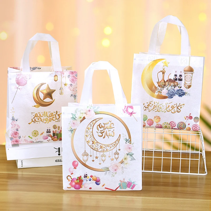4pcs Eid Mubarak Tote Bags With Handles Ramadan Kareem Non-Woven Gifts Bags 2025 Muslim Islamic Party Ornaments Gifts Supplies