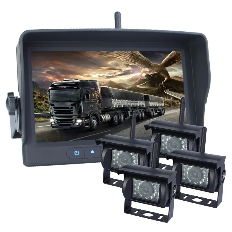 4ch Wireless Truck Rearview Camera System 7 Inch Full HD AHD 2.4G Digital Wireless Backup Camera Quad Monitor Rear View System