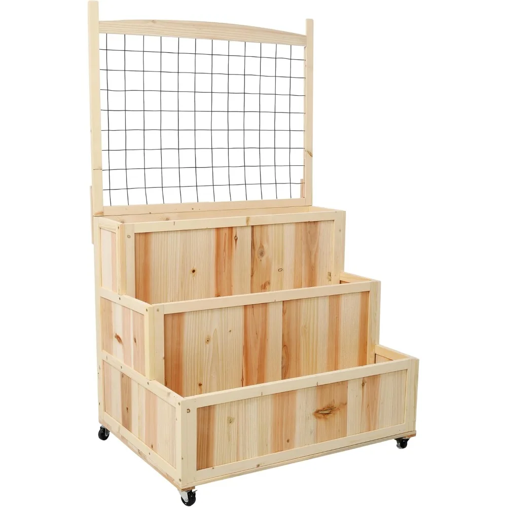 

3-Tiers Raised Garden Bed with Trellis, Mobile Planter Box with Storage, for Flowers and Vegetables, Natural Wood