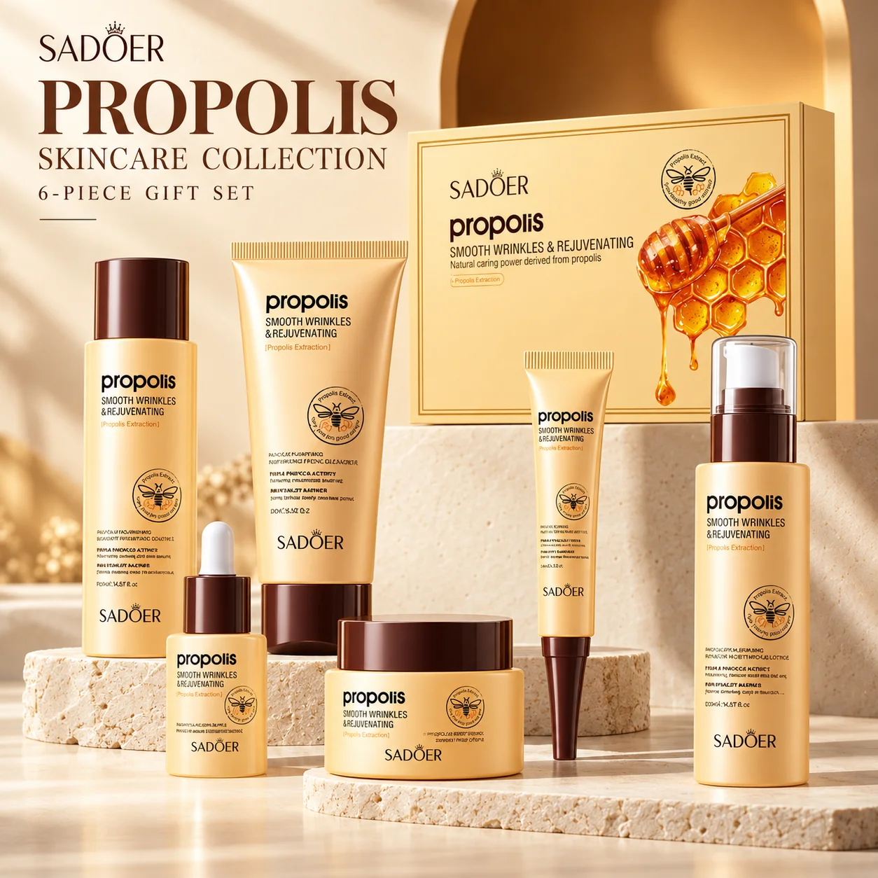 Propolis Face Care Set, 6PCS Hydrating Nourishing Skincare Kit Deep Moisturizing Repair Routine Cleanser Toner Serum Eye Cream Lotion Cream for Dry Dull Sensitive Skin Daily & Night Care Gift