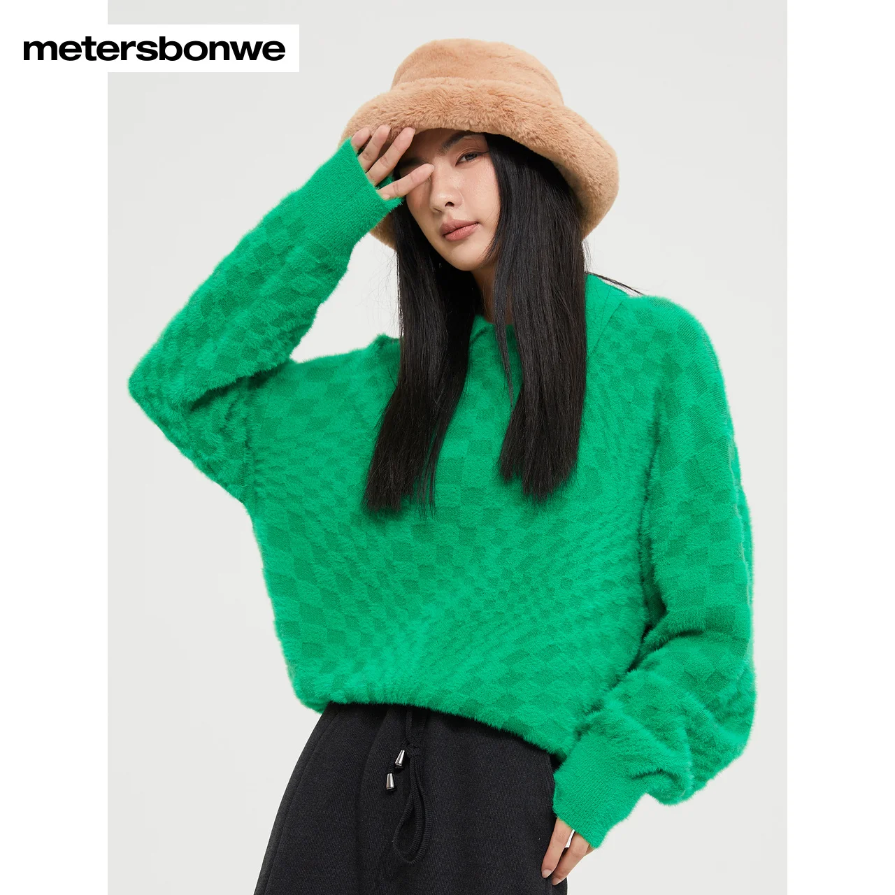 Metersbonwe-Women's POLO Collar Jumper Simple Checkerboard Loose Sweater  Christmas Green Sweet Stylish Female Warm Wear Winter