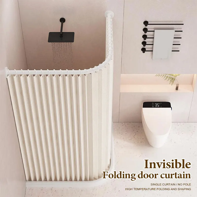 Foldable Shower Curtain Semi Transparent Soft Light Permeable Keep Bright with Hooks for Small Bathroom Dark Shower Divide Space