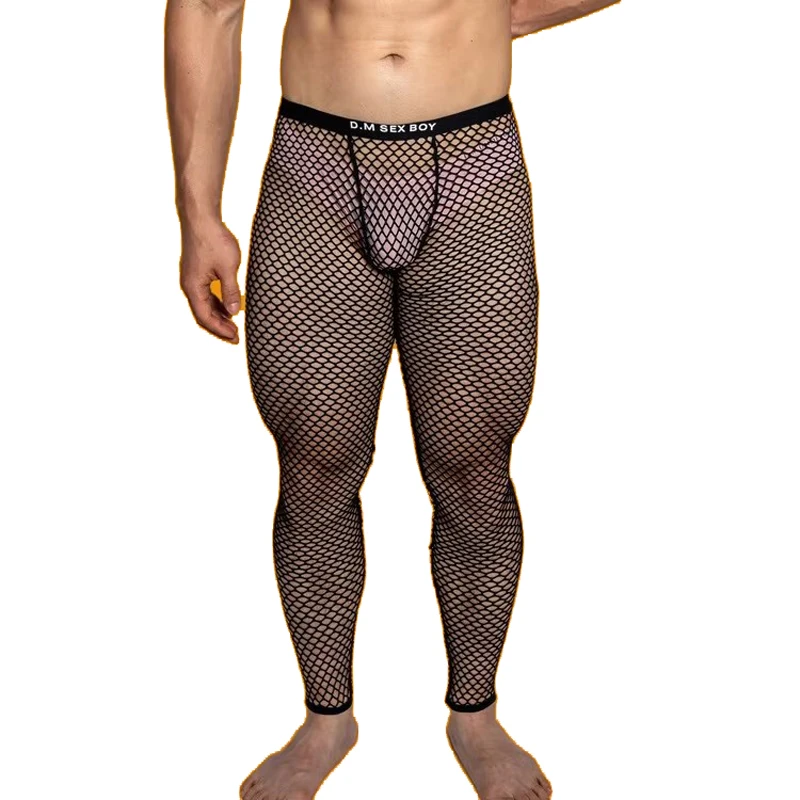 

Men's Long Johns Underwear Breathable Mesh Low Waist Sexy Transparent Leggings Letter Print Lace Fishing Net Trousers