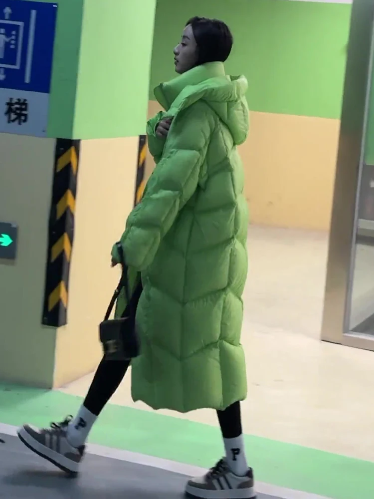 Women Green Long Down Coat 2025 Winter Oversized Duck Down Jacket Warm Knee Length Padded Parka