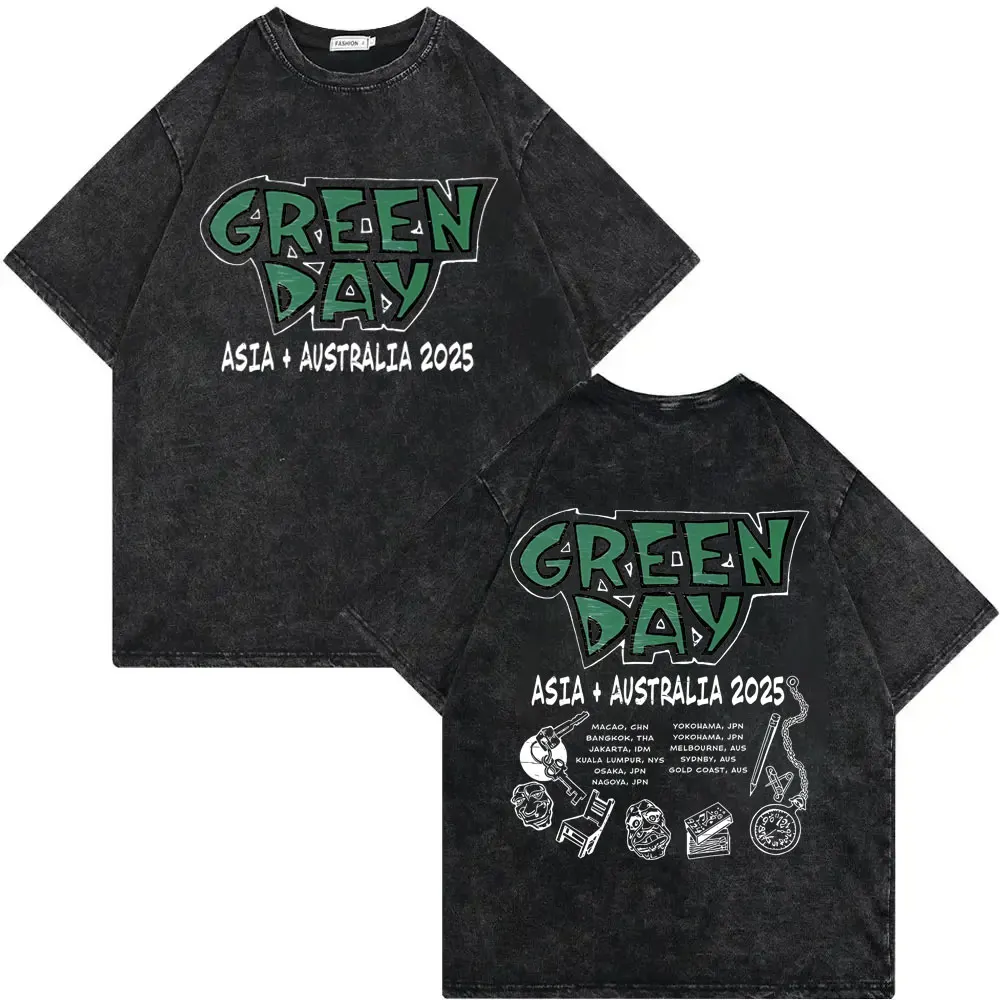 

Rock Band Green Day Tour 2025 Vintage Washed T-shirt High Quality Fashion Oversized T-shirts Men Women Casual Cotton T Shirts