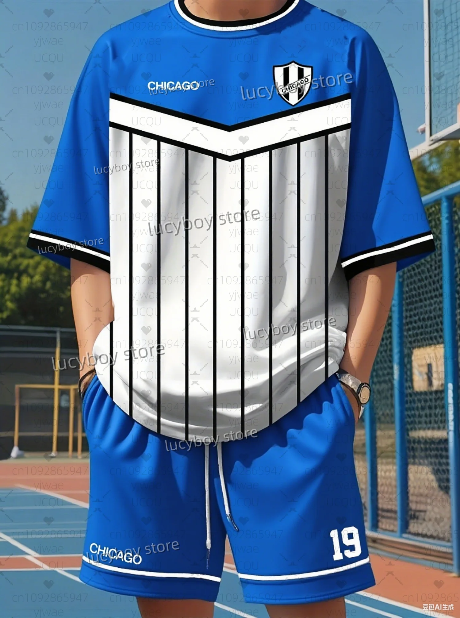

Hot Selling Summer Men 3D CHICAGO NO.19 Print Set Short Sleeve T-Shirt Shorts Set Adult Jogging Plus Size Tracksuit 2 Piece Set