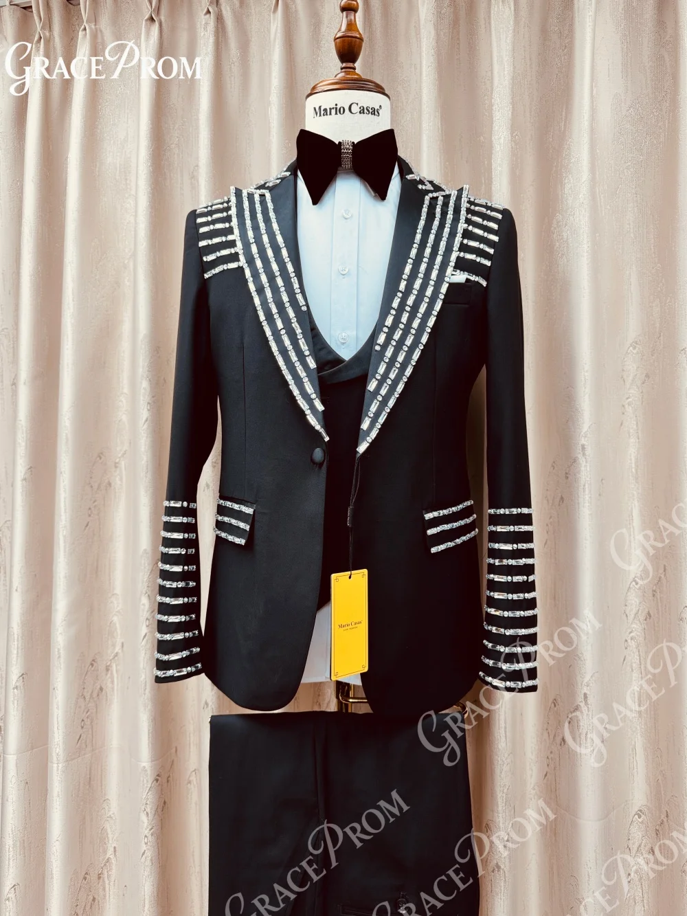 Hot Sale Men Sparkly Rhinestone Contrast Black Tuxedo 3 pcs Suit Single Breasted Vest Slim Fit Groom Outfit Formal Dinner Suit