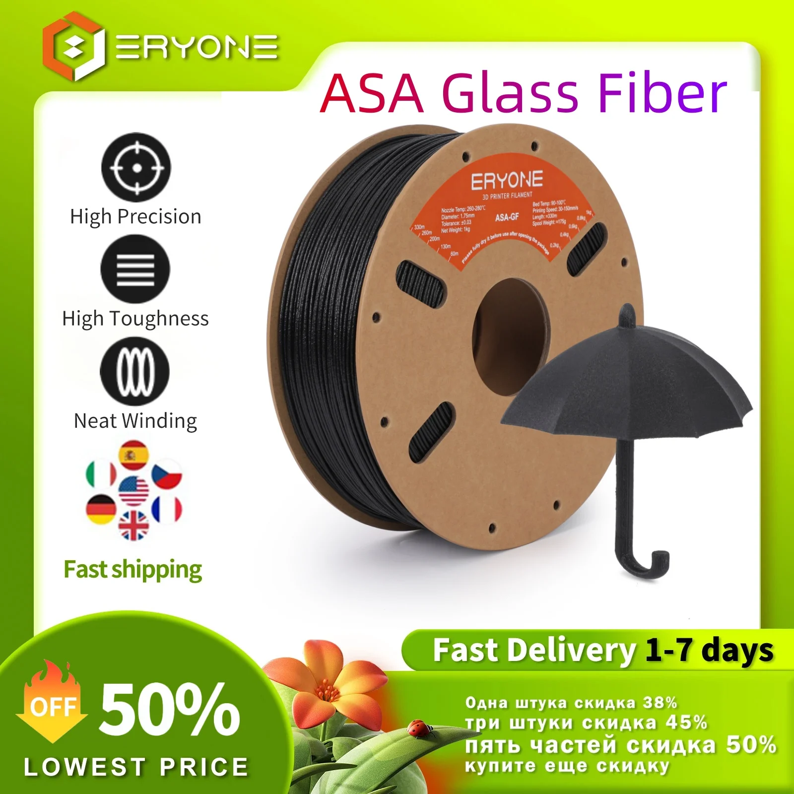 

ERYONE 1/5/10KG ASA Glass Fiber Filament Premium Big Sale 3D Print,asa-gf filament black white color,Odorless Printing 1KG/Spool