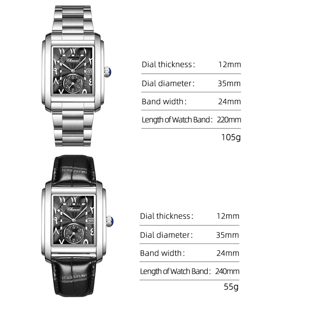 CHENXI Men Square Watch Black White Case Leather Watch Band Woman Men Watches Top Brand Luxury Quartz Clock Montre Homme