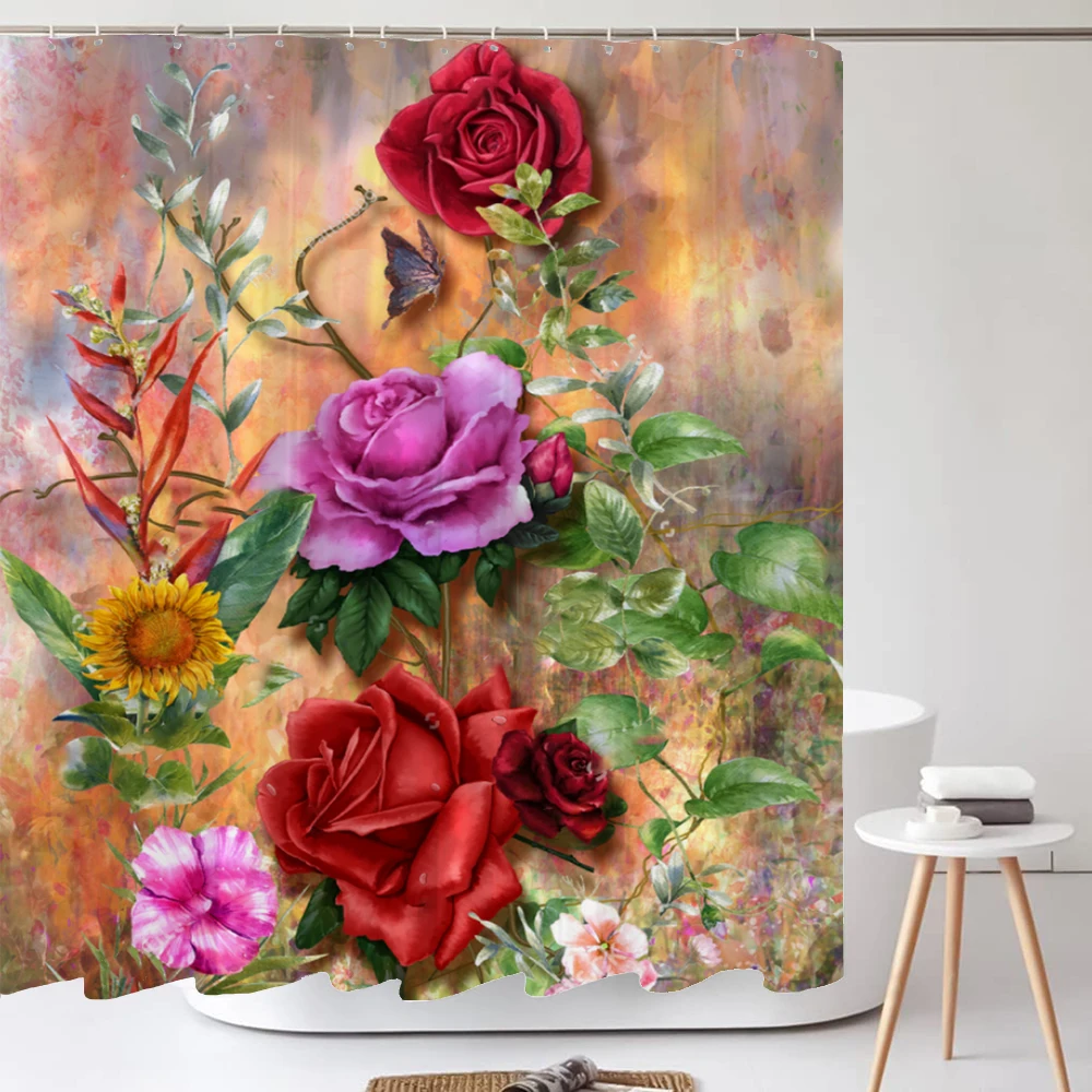 

Watercolor Rose Leaves Plant with Floral Bathroom Decoration Shower Curtain 180*180CM Polyster Home Decor Curtain with Hooks