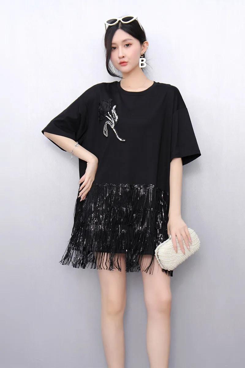 2026 Summer New Fashion Women Loose Embroidered Tassel T-shirts Female Casual Short Sleeve O Neck Top Wholesale J2337