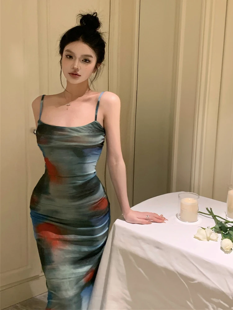 

plus Size Women's Summer Vintage High Waist Tie Dye Halter Dress Casual mid Length A-Line Skirt Style Korean Fashion
