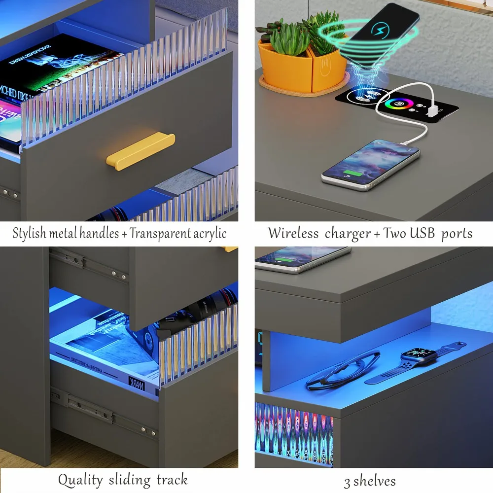 Mesita de noche con estación de carga y cajones, mesita de noche con luz LED y diseño de Sensor humano, mesa final moderna, novedad de 2024