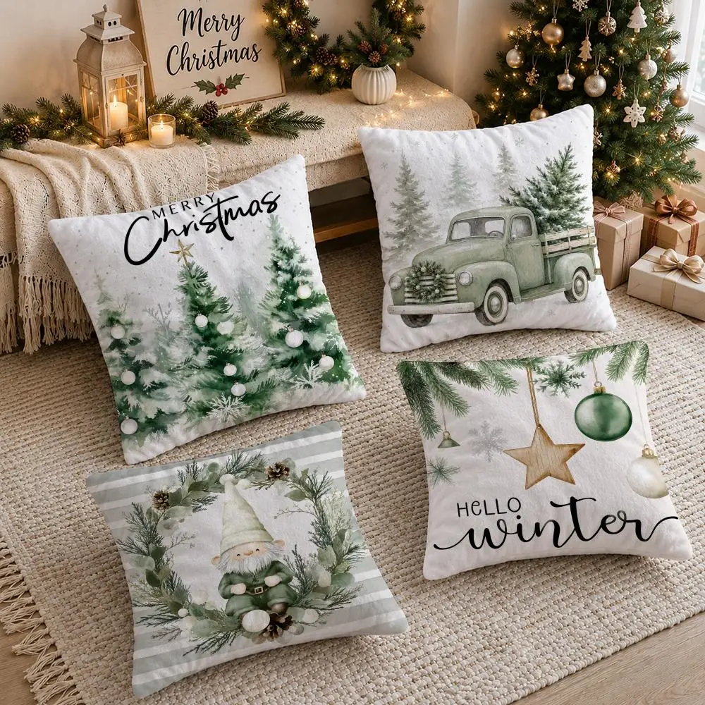 Christmas Green Winter Cushion Cover Soft Short Plush Double-Sided Printing Sofa Home Decor Festival Pillow Case Gifts