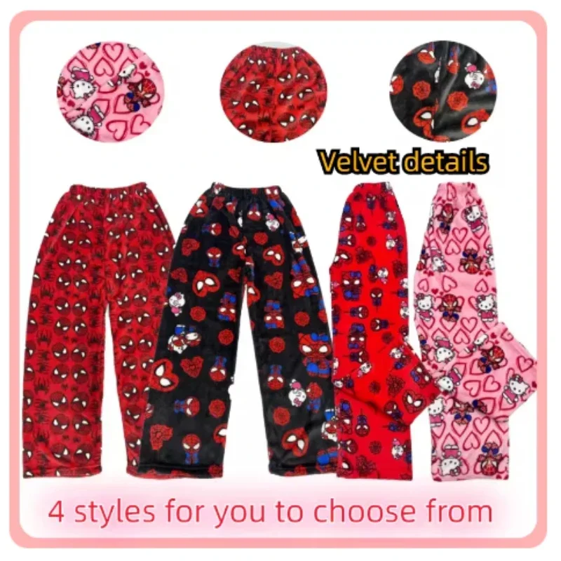 

New Hello Kitty Spiderman Plush Pajama Pants Velvet Loose Sanrios Autumn Long Trousers Women Men Cartoon Sleeping Casual Wear