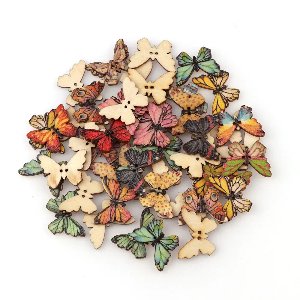 50pcs Butterfly Wooden Button Mix Color Christmas DIY Button Fit Sewing Buttons Crafts Scrapbooking Craft Accessories