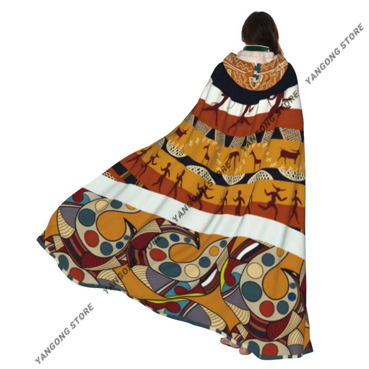 

African Tribal Illustration Hooded Cloak Coat Halloween Cosplay Costume Vampire Devil Wizard Cape Gown Party