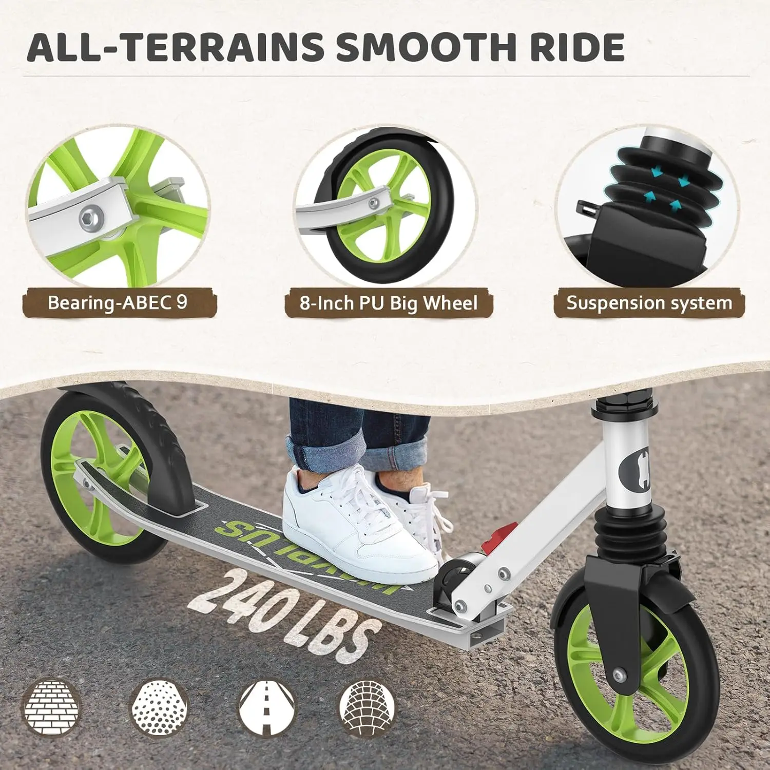 Kick Scooter para mayores de 6 años, niños, adolescentes y adultos Carga máxima de 240 libras Ruedas grandes plegables y ligeras para niños, adolescentes y adultos, 8 pulgadas