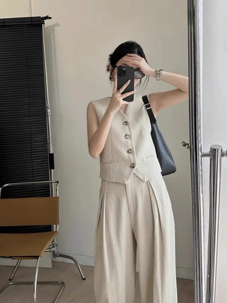 Women Casual Weaving Linen Sleeveless Sets Stylish Wide Leg Pant Outfit Loose Fit Breathable Fashion Two Piece Vest Set Hot Sale