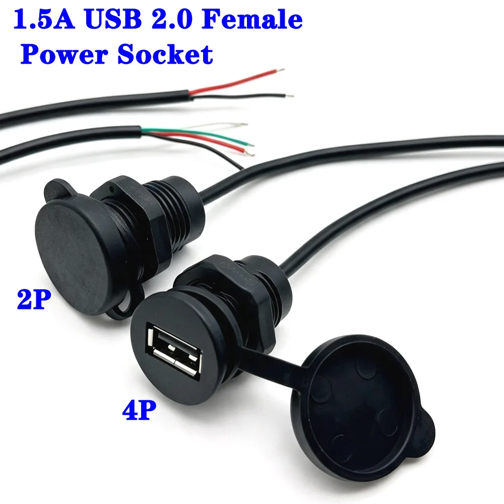2Pin 4Pin 1.5A USB Female Port Convenient Mounting Threaded USB 2.0 Power Jack  Charging Connector With Cable USB Charger Socket