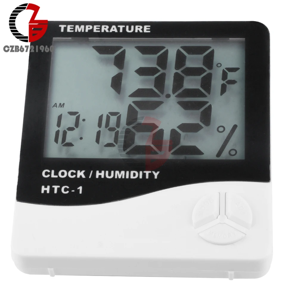 HTC-1 Digital Thermometer Hygrometer Clock Alarm/Alarm Calendar 5 Functions Large Screen Desktop Stand & Wall Mount White