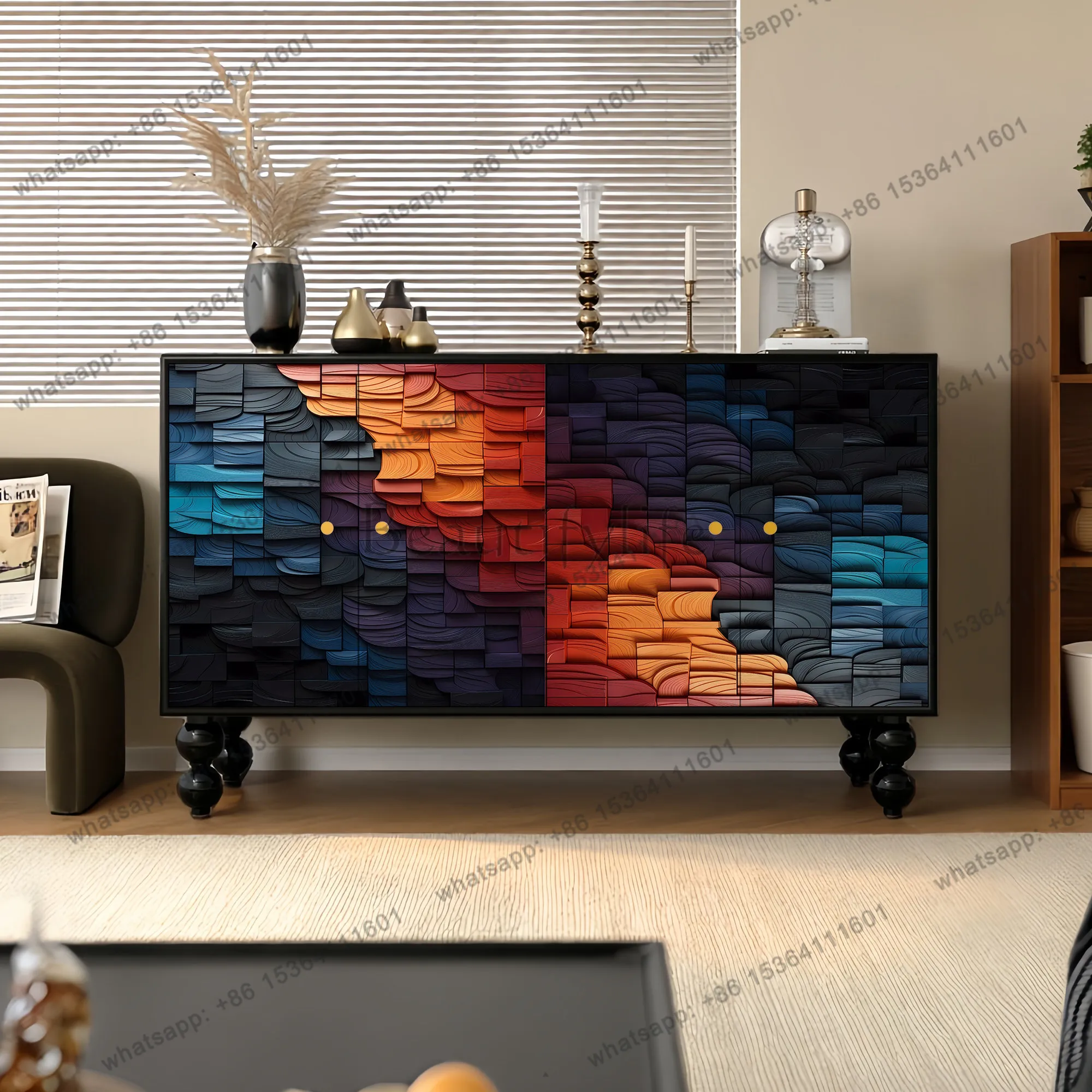 French solid wood dining side cabinet, living room against the wall storage locker, abstract art high sense