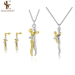 Seulement New 14K Gold Plated Embrace Pendant Couple Parent-child  Necklace for Women Two-tone Hug Earrings Jewelry Gift