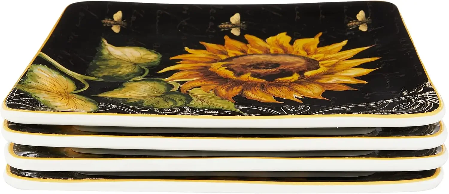 

French Sunflowers Salad/Dessert Plate, 8.25-Inch, black, Medium, Set of 4