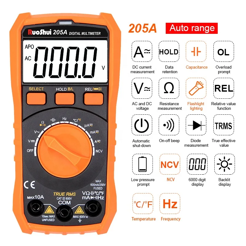 RuoShui 205A Auto Range True RMS Digital Multimeter 6000 Counts NCV LIVE Torch AC/DC Voltage Meter AC/DC Current Meter Portable