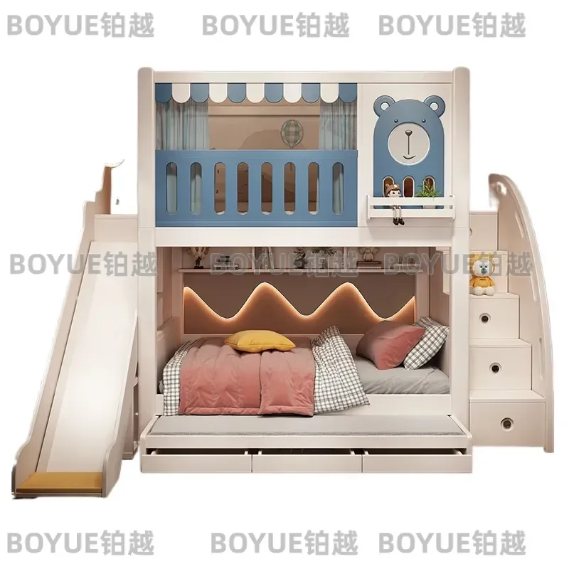 Kids Bunk Bed Tree House Castle Design High Guardrail Loft Bed for Boys Girls Wooden Cabin Style Parent Child Sleeping
