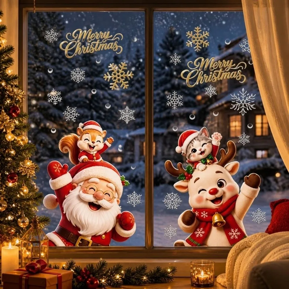 2 Sheets Santa Claus Christmas Window Stickers Deer Elk Cat Xmas Static Decals Cute Designs Self-Adhesive Static Window Stickers