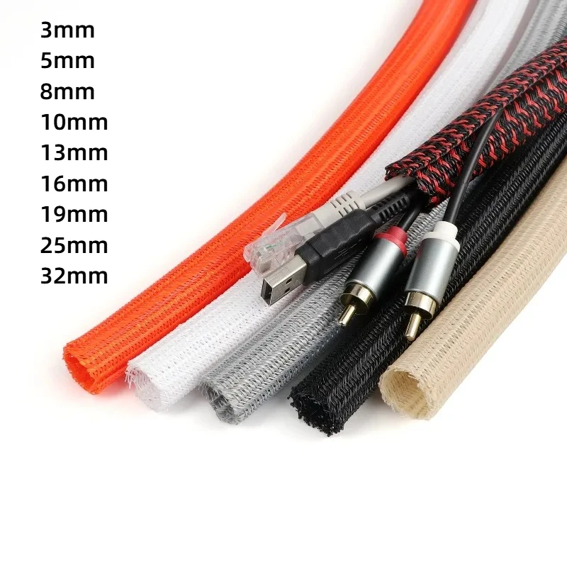 8M Self-Closed Cable Sleeve 3mm ~ 32mm PET Braided Sheath Wear Resistant Insulated High Protection Sleeving Wire Line Organizer