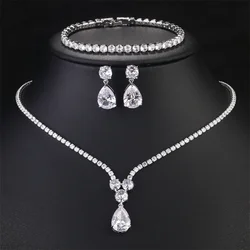 Uilz Silver Color Cubic Zirconia Water Drop Pendant Necklace and Earrings for Women Bridal Wedding Party Jewelry Set