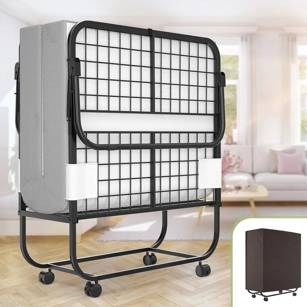 

Portable 75 x 31 Adult Cot Size Rollaway Bed with Memory Foam Mattress and Metal Frame on Wheels, Space-Saving Folded Design, St